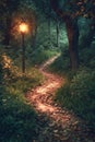 A path in the woods with a lamp post in the middle of it Royalty Free Stock Photo