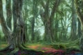 Path through the woods, magical fantasy forest at sunrise, 3d landscape illustration background. Ai Generative Royalty Free Stock Photo