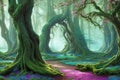 Path through the woods, magical fantasy forest at sunrise, 3d landscape illustration background. Ai Generative Royalty Free Stock Photo