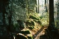 a path through the woods with mossy rocks and trees Royalty Free Stock Photo