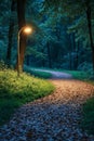A path in the woods with a street light in the middle of it Royalty Free Stock Photo