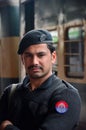 Pathan Railway Police officer stands guard at Peshawar train Station Pakistan Royalty Free Stock Photo