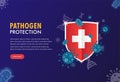 Pathogen illustration concept. Health protection with shield symbol. Virus and bacteria causes disease. For web page template,