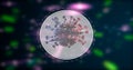 Pathogen outbreak of virus. Multicolored dangerous cell inside a glowing circle over dark background of glittering laser Royalty Free Stock Photo