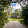 A pathrway surrounded by an arch trellis that opens into a botanical garden