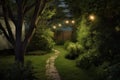 Paths trees backyard lights. Generate Ai Royalty Free Stock Photo
