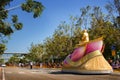 Pathum Thani, THAILAND -January, 2016 :Phramongkolthepmuni Golden scrupture on his lotus chariot and 1,131 Monks from Wat Phra Dh