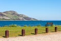 Pathway, Bench, Sea and Island. Holy Isle, Lamlash, Arran, Scotland.