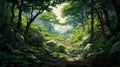 Animecore Forest Painting With Rocks: A Serene Passage Of Light-filled Sonian
