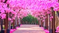 A pathway, fringed with an abundance of vibrant pink flowers, leads the viewer through a blossoming garden, Japanese cherry