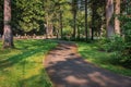 Pathway in the Green Park. Walking path in a forest site city park on a sunny day. A winding path in a summer park Royalty Free Stock Photo