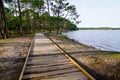 Pathway lake view wooden path terrace in Maubuisson Carcans France