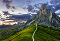 A pathway leading into the mountain at Passo de Giau at the Dolomites in the Italian alps Royalty Free Stock Photo