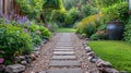 A pathway leading to a garden with flowers and rocks, AI