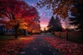 a pathway leading to a tree lined street at sunset