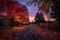 a pathway leading to a tree lined street at sunset Royalty Free Stock Photo