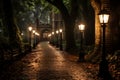 a pathway lined with lighted lamps in a park at night