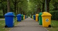 A pathway lined with trees features an array of colorful recycling bins. The bins are Royalty Free Stock Photo