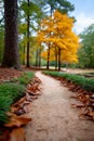 Pathway meanders through fallen leaves under bright yellow trees in serene park setting. Clear sky above, inviting Royalty Free Stock Photo