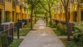 Pathway in the middle of townhouses and trees