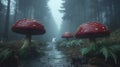 A pathway through a misty forest, lined with large red toadstools. A small white figure is seen walking down the center Royalty Free Stock Photo
