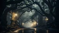 Pathway through a mysterious dark forest at night with fog. Halloween concept Royalty Free Stock Photo