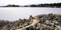 Pathway in rocks access to beach sea in coast Juan-les-Pins in Antibes France in web header panoramic