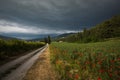 Pathway in the rural field during spring season with leaden and dark sky in Foligno Royalty Free Stock Photo