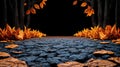 Pathway surrounded by autumn leaves and dark trees on a black background Royalty Free Stock Photo