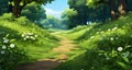 a pathway surrounded by trees, lush greenery, and a field of vibrant blooming flowers