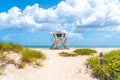 Pathway to the beach with Lifeguard hut and ocean on background in Fort Lauderdale, Florida USA