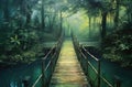 Pathway to Enchanted Wilderness: An Adventure Across a Wooden Bridge into the Heart of the Jungle AI Generated Royalty Free Stock Photo