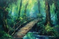 Pathway to Enchanted Wilderness: An Adventure Across a Wooden Bridge into the Heart of the Jungle AI Generated Royalty Free Stock Photo