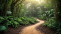 Pathway to Serenity: Earthen Trail Through a Misty Rainforest