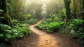 Pathway to Serenity: Earthen Trail Through a Misty Rainforest