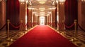 Pathway for triumph is a path delimited by an illuminated red carpet, red velvet rope barrier and golden supports. The footpath