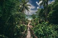Pathway in tropical jungle. Way to beach Palm trees, white sand and blue sea, perfect summer vacation landscape or Royalty Free Stock Photo