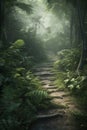 Pathway in tropical rainforest with ferns and ferns, Generative AI Royalty Free Stock Photo