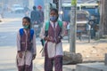 PAtiala Punjab India 03 04 2021 view of school going kids with face masks walking on the street