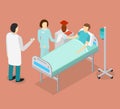 Patient in Bed and Doctor or Medical Staff Isometric View. Vector Royalty Free Stock Photo