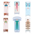 Patient in bed. Ill cartoon characters in hospital bed emergency procedures for help persons exact vector patient top
