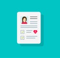 Patient card icon or medical form list with results data and approved check mark vector symbol, flat cartoon clinical