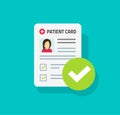 Patient card or medical form list with results data and approved check mark vector illustration, flat cartoon clinical