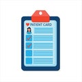 Patient card vector illustration, flat cartoon medical records document with patient data or information on table top Royalty Free Stock Photo