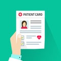 Patient card vector illustration, flat cartoon style doctor hand holding medical document with patient data or