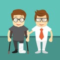 Patient care concept. Doctor and healed patient standing in front of hospital. Flat