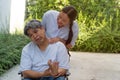 The patient is Cerebrovascular accident or stroke Caused by hypertension and obesity, sitting in wheelchair him mouse is facial pa Royalty Free Stock Photo