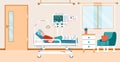 Patient connected to equipment in hospital ward, cartoon vector illustration.