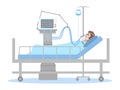 The patient connected to a ventilator