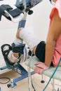 Patient on Continuous Passive Range of Motion machines. Device to provide anatomically correct motion to both the ankle Royalty Free Stock Photo